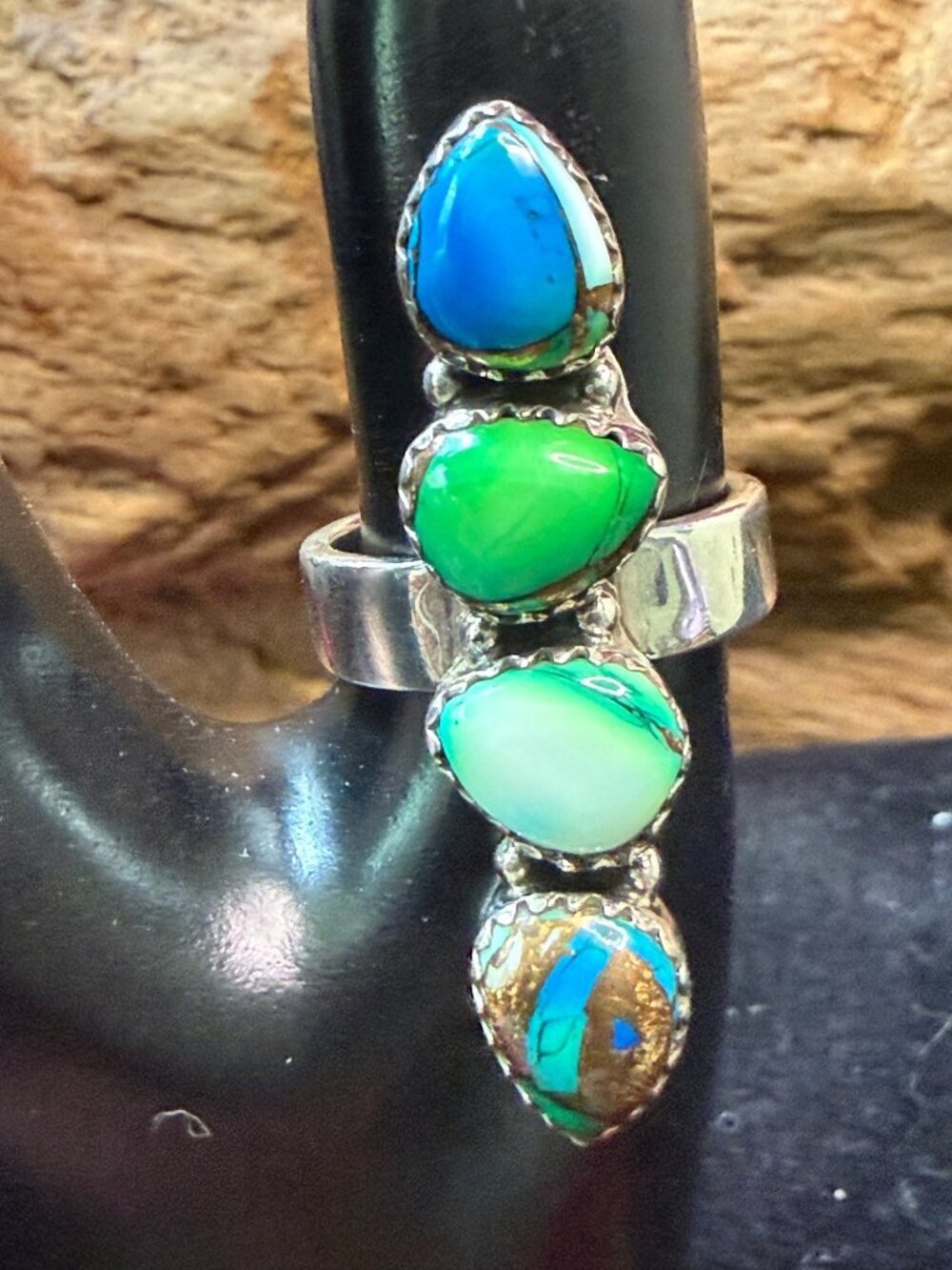 Adjustable Sterling Silver Multistone Ring Turquoise Green & White Stones
